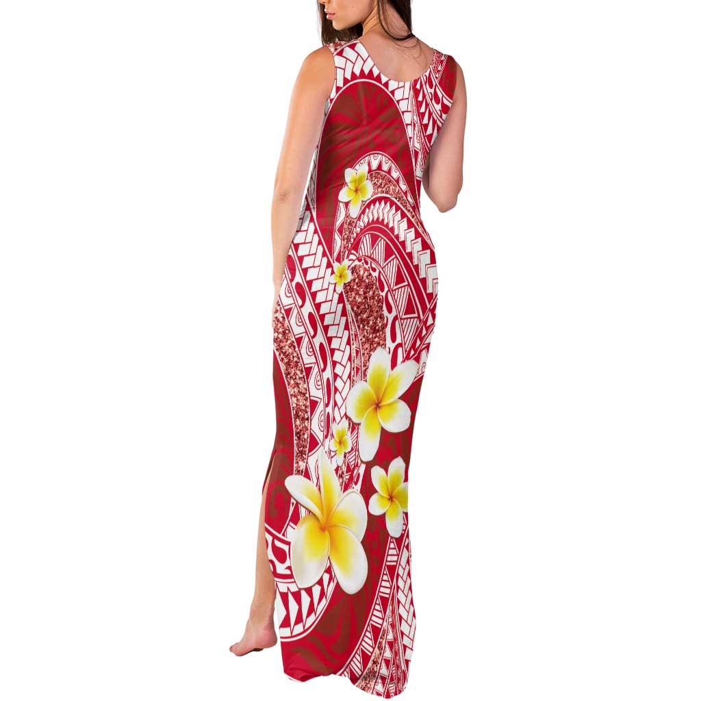 Plumeria Polynesian Coral Glitter Pattern Tank Maxi Dress