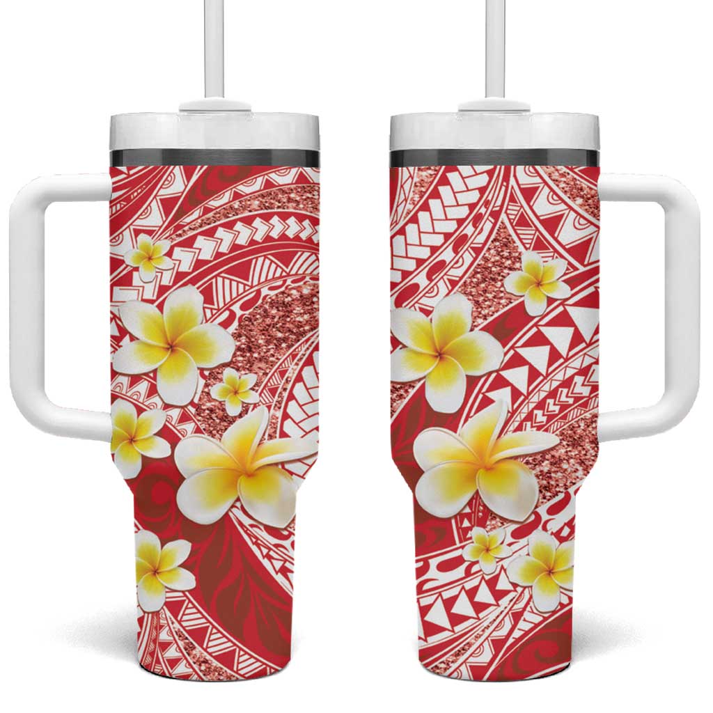 Plumeria Polynesian Coral Glitter Pattern Tumbler With Handle