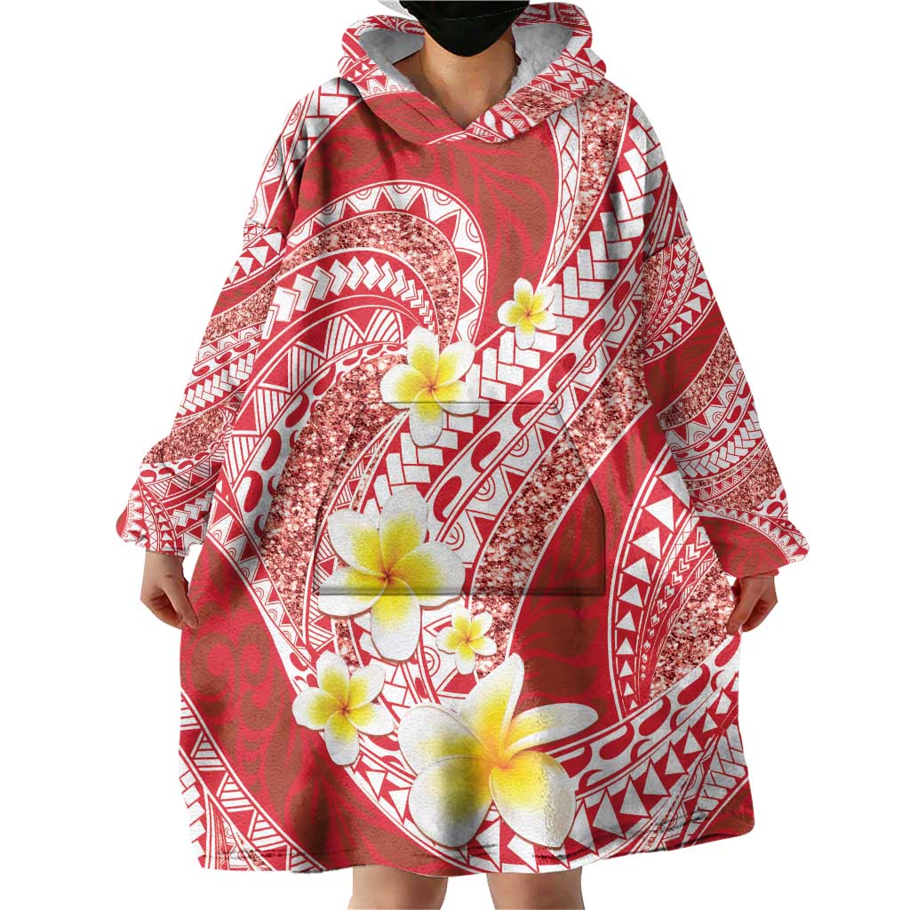 Plumeria Polynesian Coral Glitter Pattern Wearable Blanket Hoodie