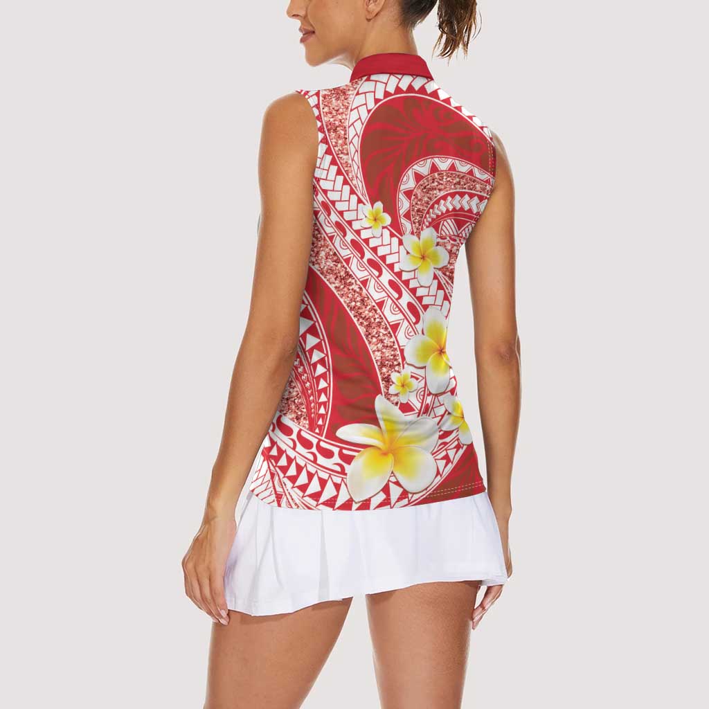 Plumeria Polynesian Coral Glitter Pattern Women Sleeveless Polo Shirt