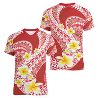 Plumeria Polynesian Coral Glitter Pattern Women V-Neck T-Shirt