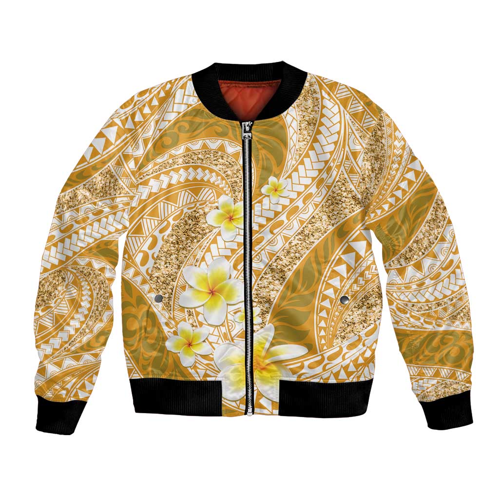 Plumeria Polynesian Gold Glitter Pattern Bomber Jacket LT01 Unisex Gold - Polynesian Pride