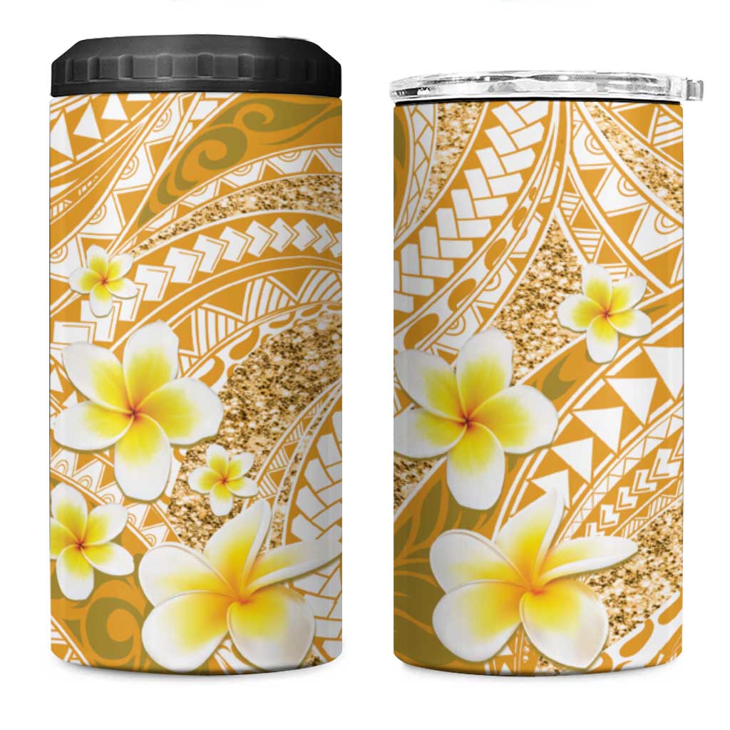 Plumeria Polynesian Gold Glitter Pattern 4 in 1 Can Cooler Tumbler