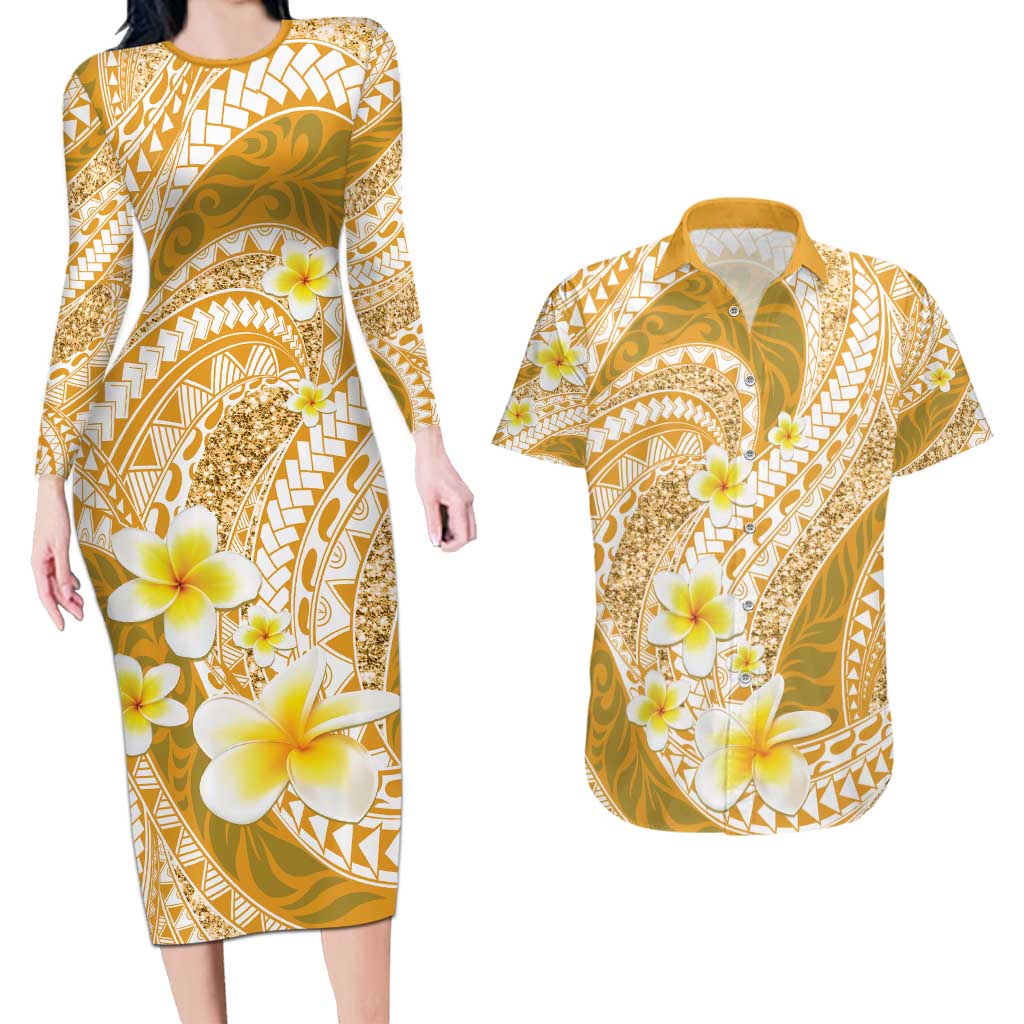 Plumeria Polynesian Gold Glitter Pattern Couples Matching Long Sleeve Bodycon Dress and Hawaiian Shirt