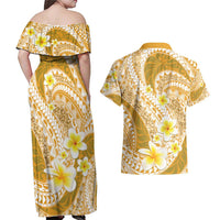Plumeria Polynesian Gold Glitter Pattern Couples Matching Off Shoulder Maxi Dress and Hawaiian Shirt