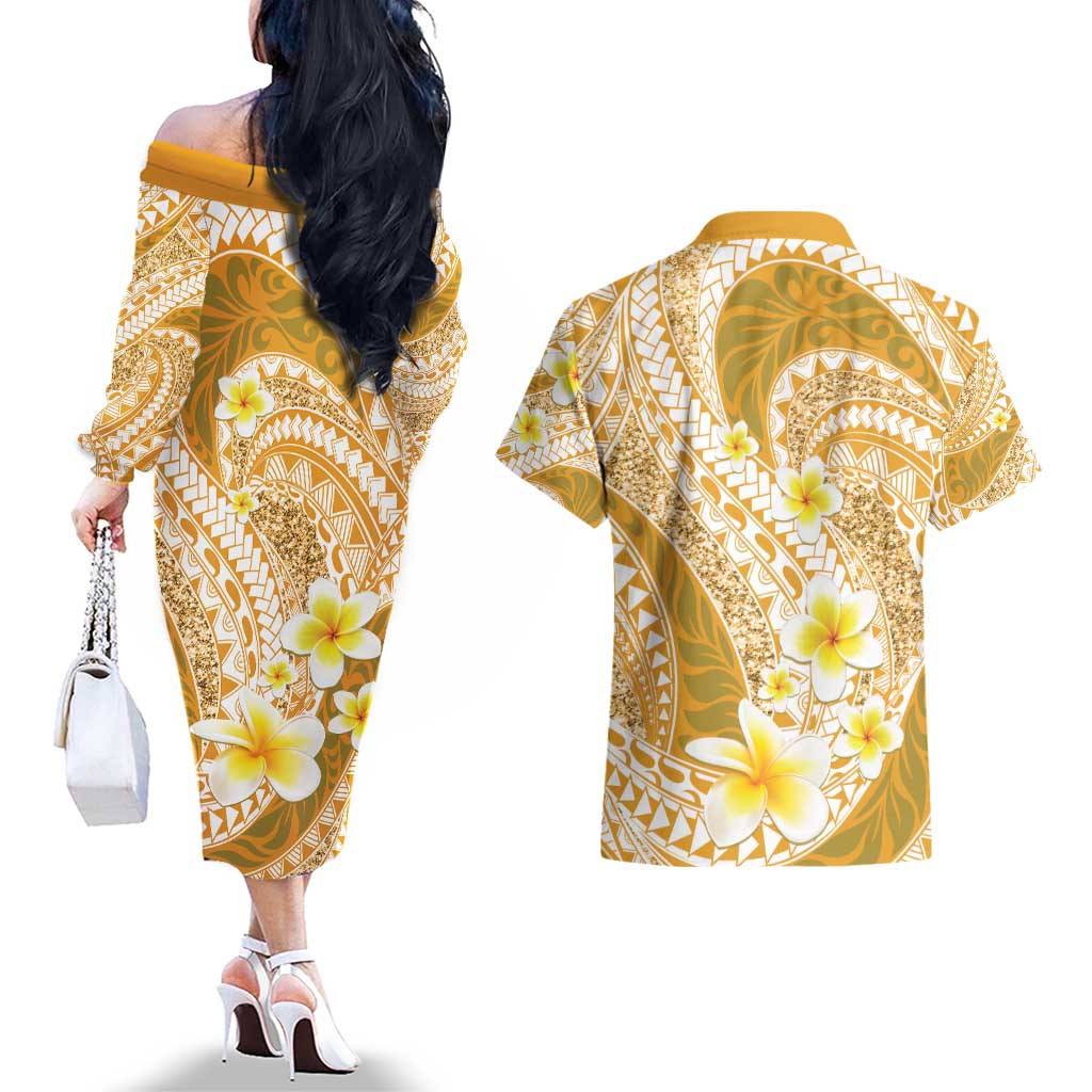 Plumeria Polynesian Gold Glitter Pattern Couples Matching Off The Shoulder Long Sleeve Dress and Hawaiian Shirt