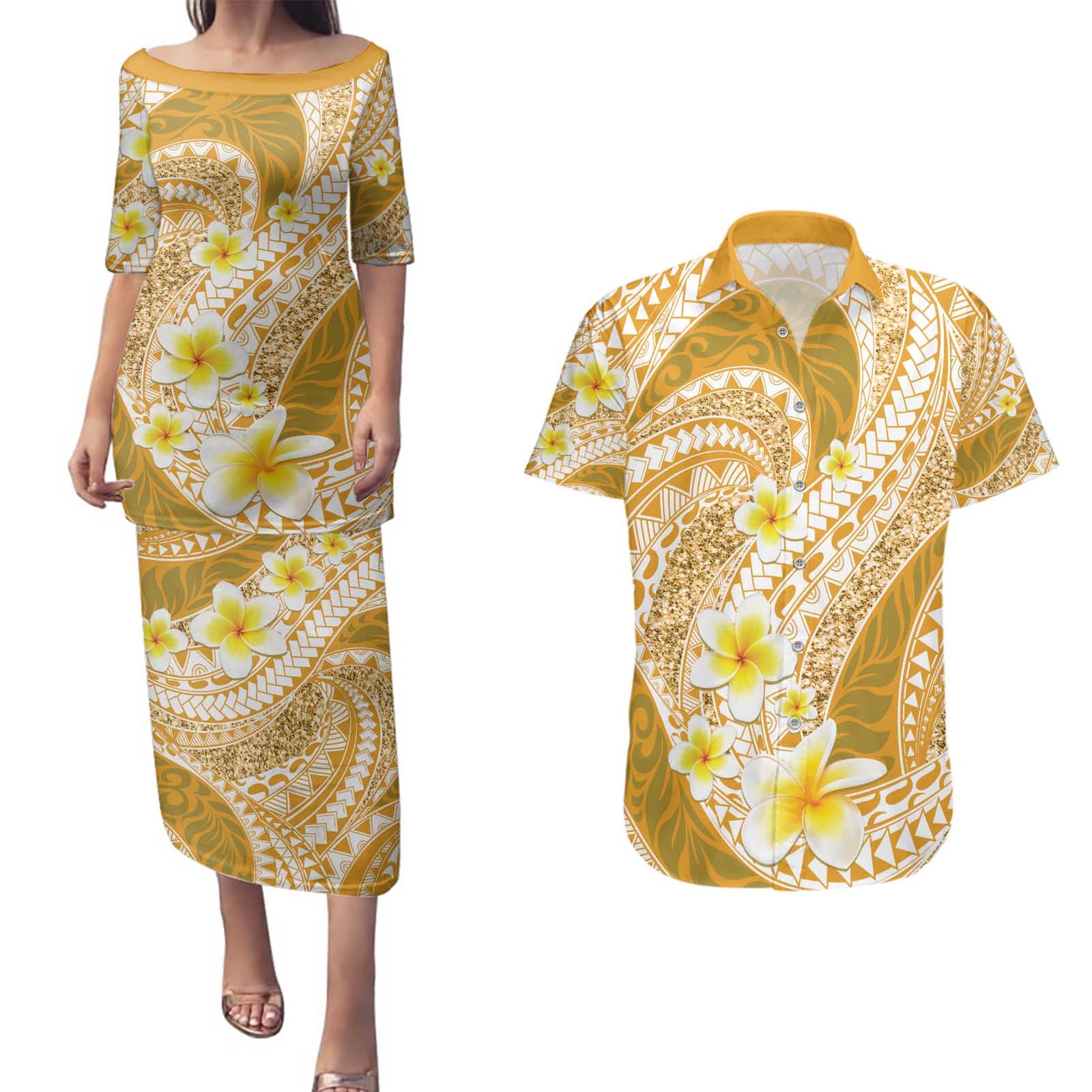 Plumeria Polynesian Gold Glitter Pattern Couples Matching Puletasi and Hawaiian Shirt LT01 Gold - Polynesian Pride