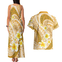 Plumeria Polynesian Gold Glitter Pattern Couples Matching Tank Maxi Dress and Hawaiian Shirt