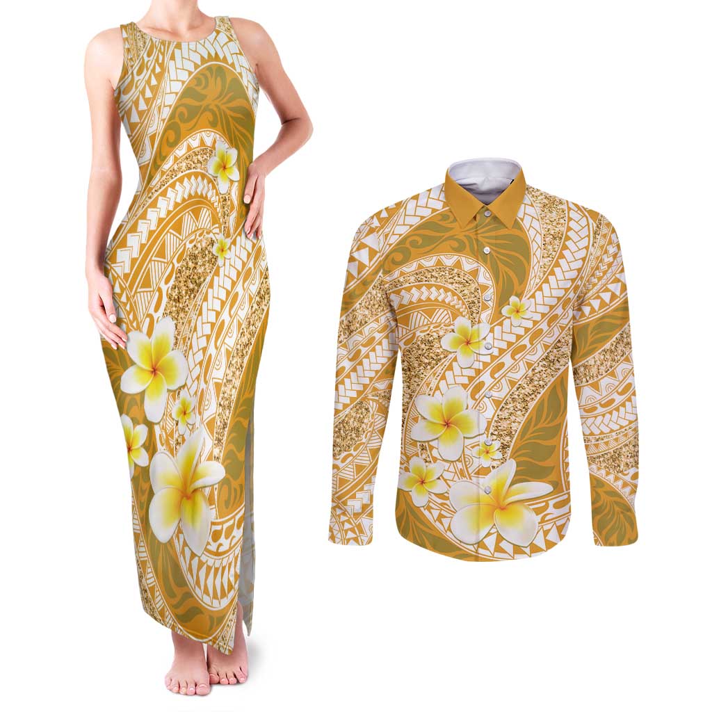 Plumeria Polynesian Gold Glitter Pattern Couples Matching Tank Maxi Dress and Long Sleeve Button Shirt - Polynesian Pride Plumeria Polynesian Gold Glitter Pattern Couples Matching Tank Maxi Dress and Long Sleeve Button Shirt - Polynesian Pride