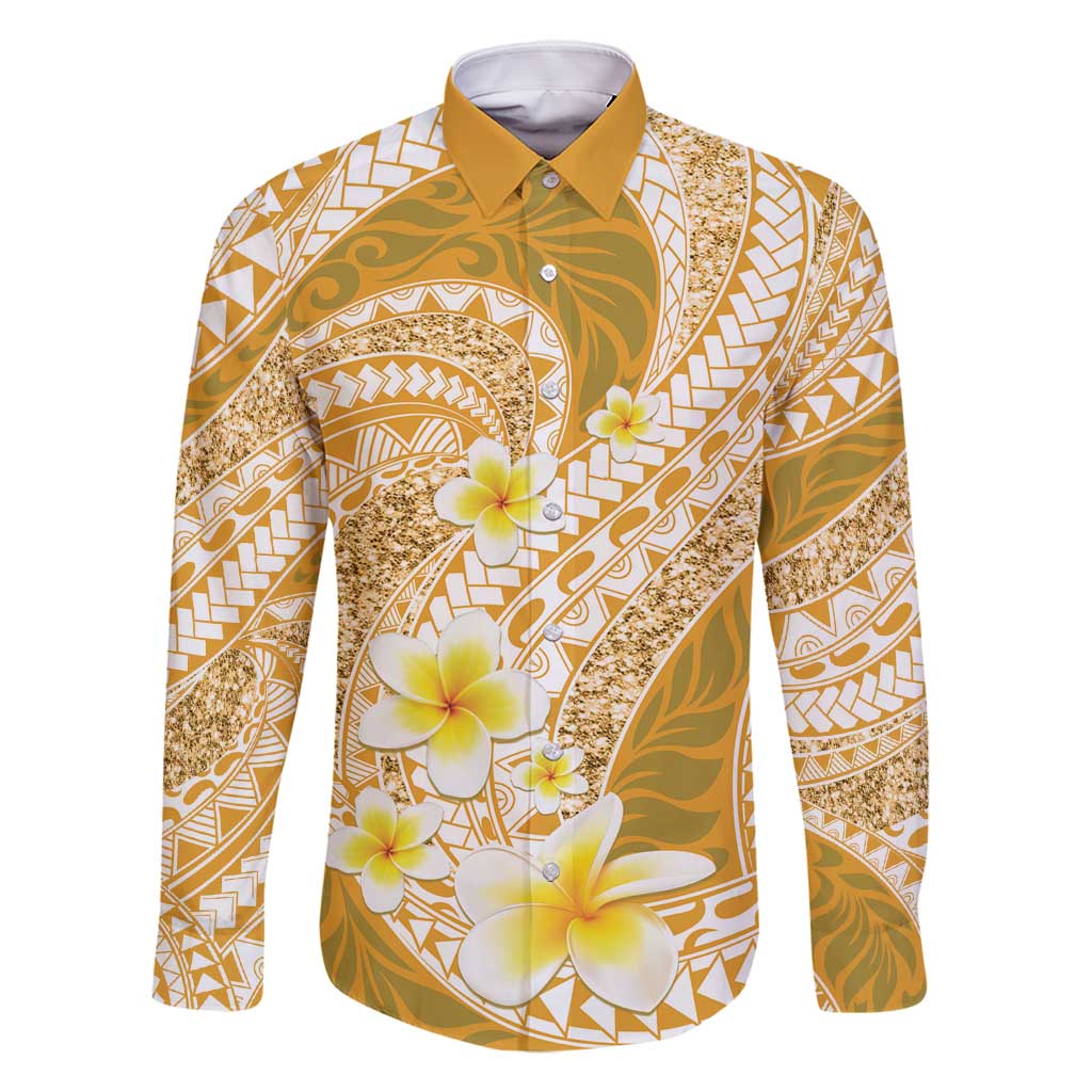 Plumeria Polynesian Gold Glitter Pattern Family Matching Mermaid Dress and Hawaiian Shirt