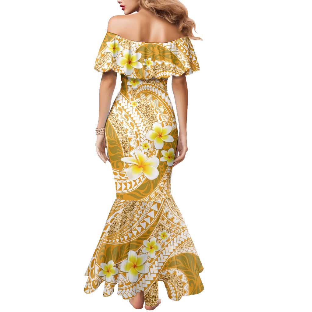 Plumeria Polynesian Gold Glitter Pattern Family Matching Mermaid Dress and Hawaiian Shirt