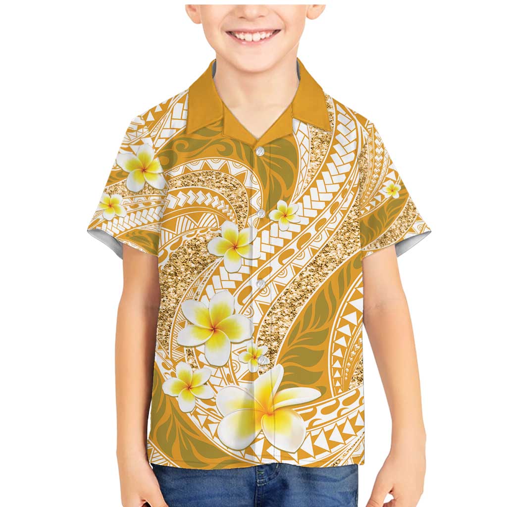 Plumeria Polynesian Gold Glitter Pattern Family Matching Mermaid Dress and Hawaiian Shirt