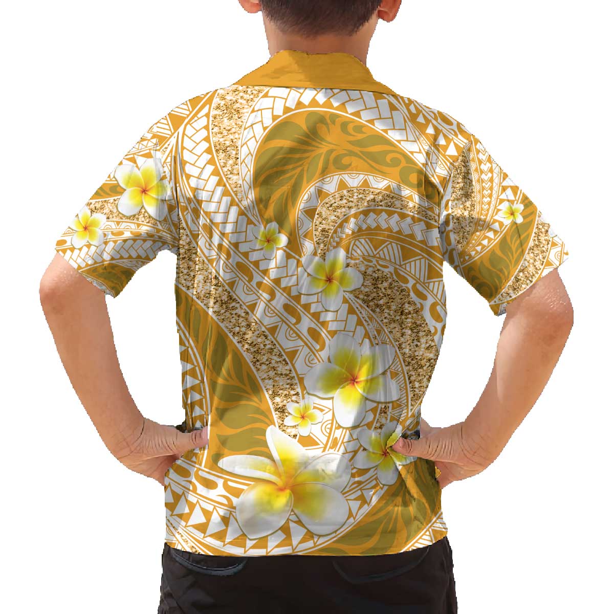 Plumeria Polynesian Gold Glitter Pattern Family Matching Off The Shoulder Long Sleeve Dress and Hawaiian Shirt