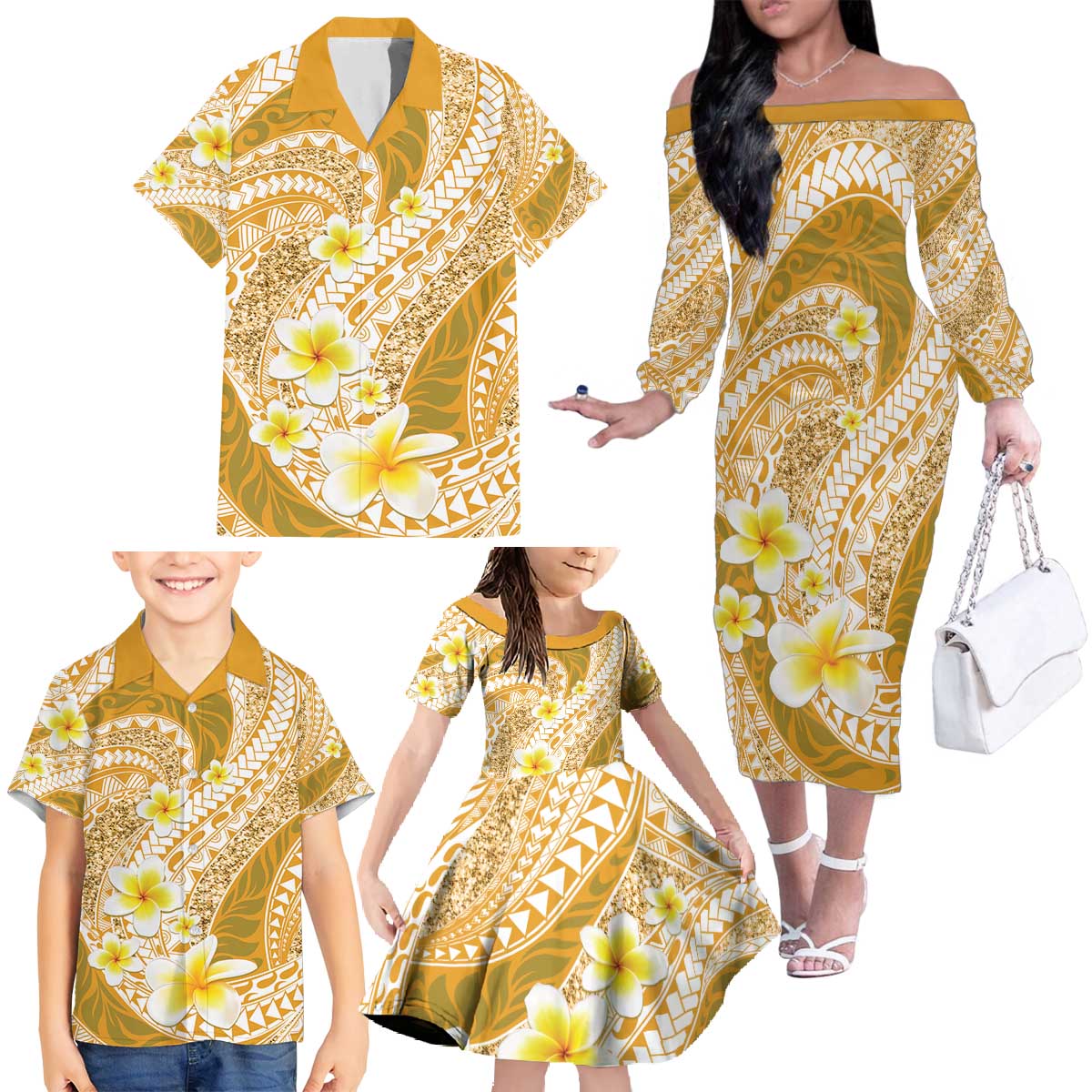 Plumeria Polynesian Gold Glitter Pattern Family Matching Off The Shoulder Long Sleeve Dress and Hawaiian Shirt