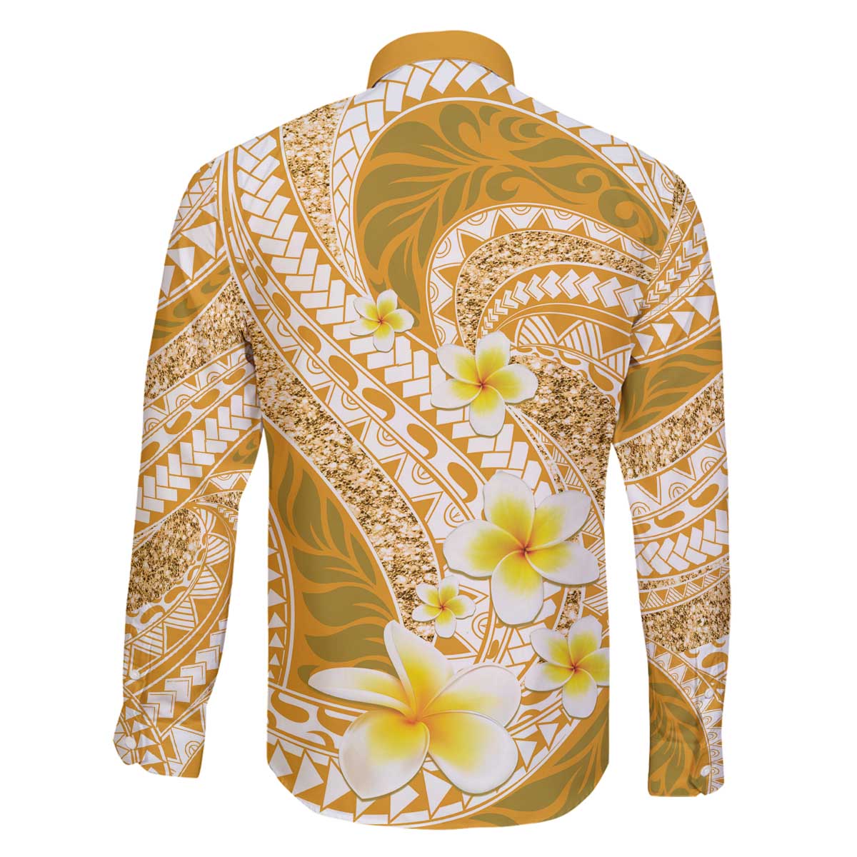 Plumeria Polynesian Gold Glitter Pattern Family Matching Off The Shoulder Long Sleeve Dress and Hawaiian Shirt