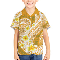 Plumeria Polynesian Gold Glitter Pattern Family Matching Off The Shoulder Long Sleeve Dress and Hawaiian Shirt