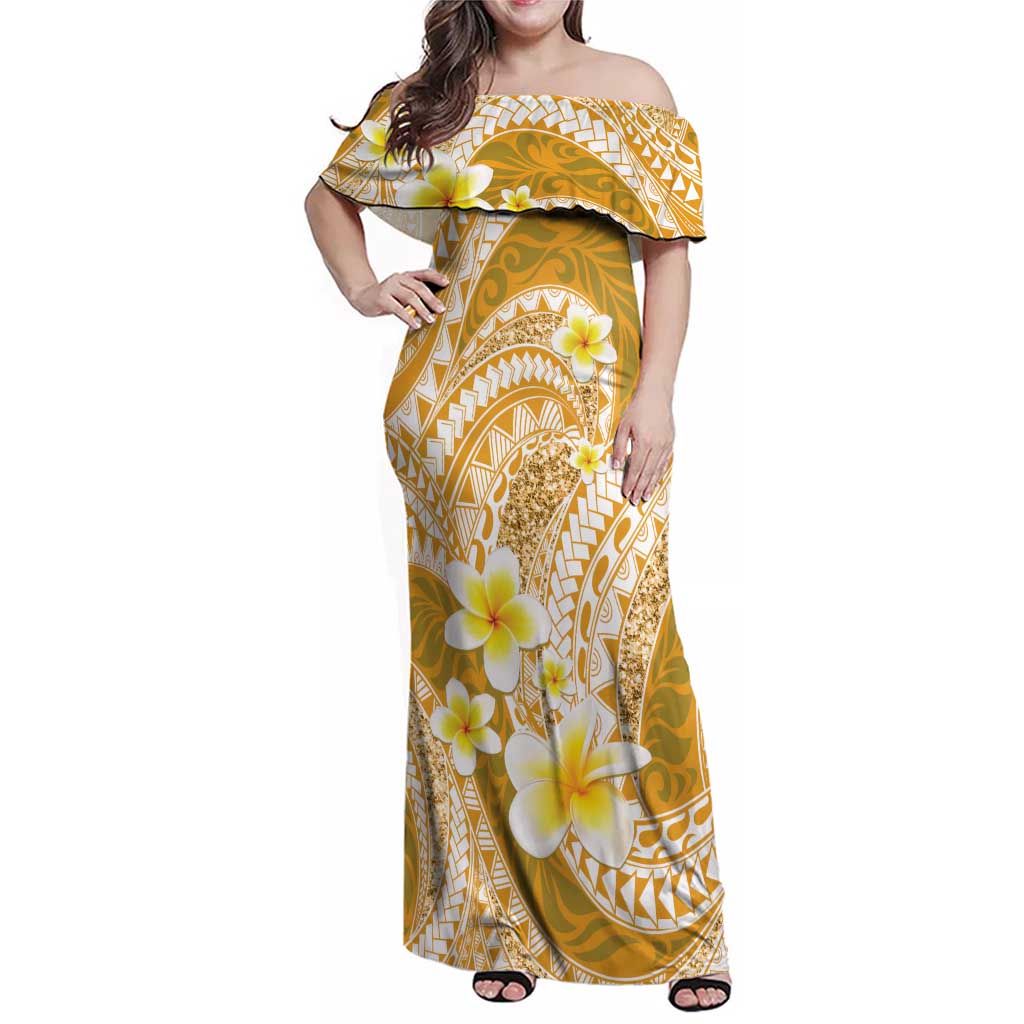 Plumeria Polynesian Gold Glitter Pattern Family Matching Off Shoulder Maxi Dress and Hawaiian Shirt