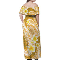 Plumeria Polynesian Gold Glitter Pattern Family Matching Off Shoulder Maxi Dress and Hawaiian Shirt