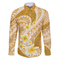 Plumeria Polynesian Gold Glitter Pattern Family Matching Off Shoulder Short Dress and Hawaiian Shirt