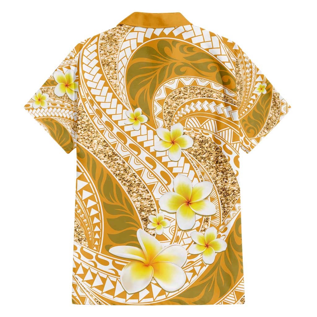 Plumeria Polynesian Gold Glitter Pattern Family Matching Puletasi and Hawaiian Shirt