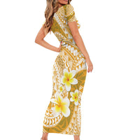 Plumeria Polynesian Gold Glitter Pattern Family Matching Short Sleeve Bodycon Dress and Hawaiian Shirt