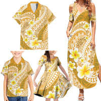 Plumeria Polynesian Gold Glitter Pattern Family Matching Summer Maxi Dress and Hawaiian Shirt