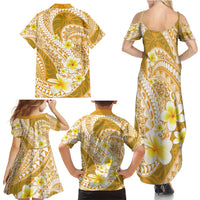 Plumeria Polynesian Gold Glitter Pattern Family Matching Summer Maxi Dress and Hawaiian Shirt