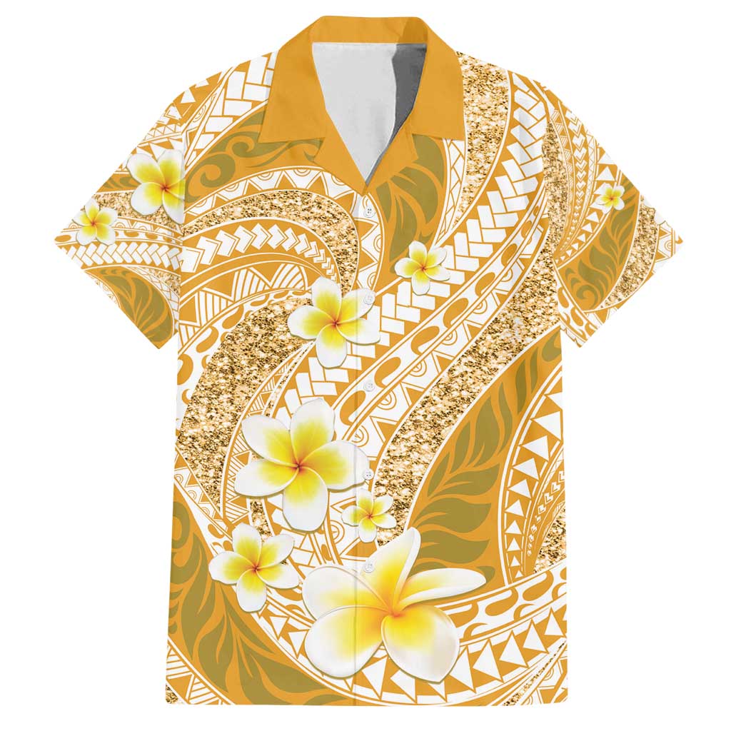Plumeria Polynesian Gold Glitter Pattern Family Matching Summer Maxi Dress and Hawaiian Shirt
