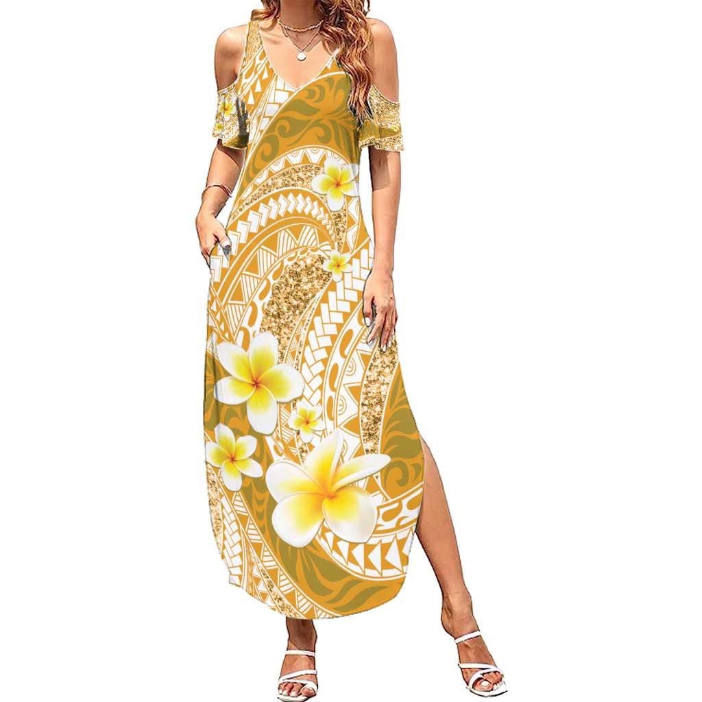 Plumeria Polynesian Gold Glitter Pattern Family Matching Summer Maxi Dress and Hawaiian Shirt