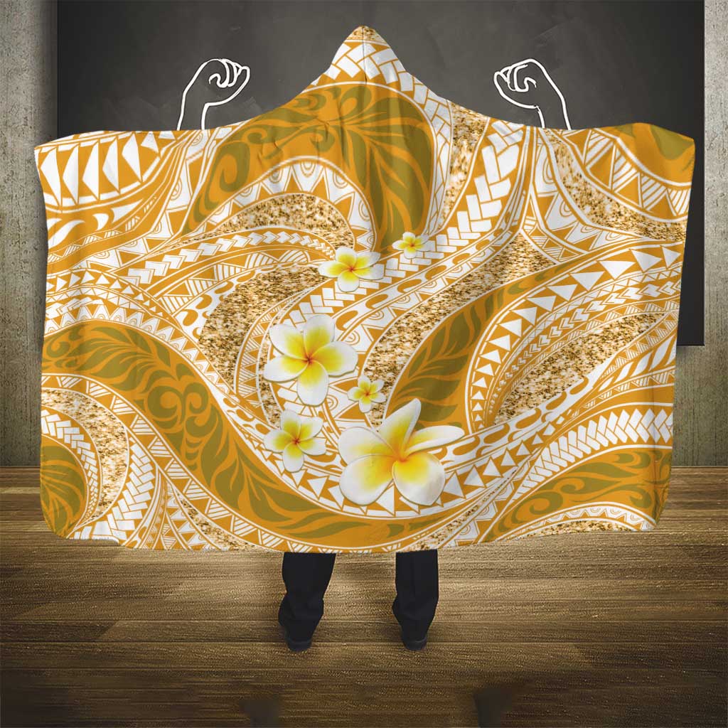 Plumeria Polynesian Gold Glitter Pattern Hooded Blanket