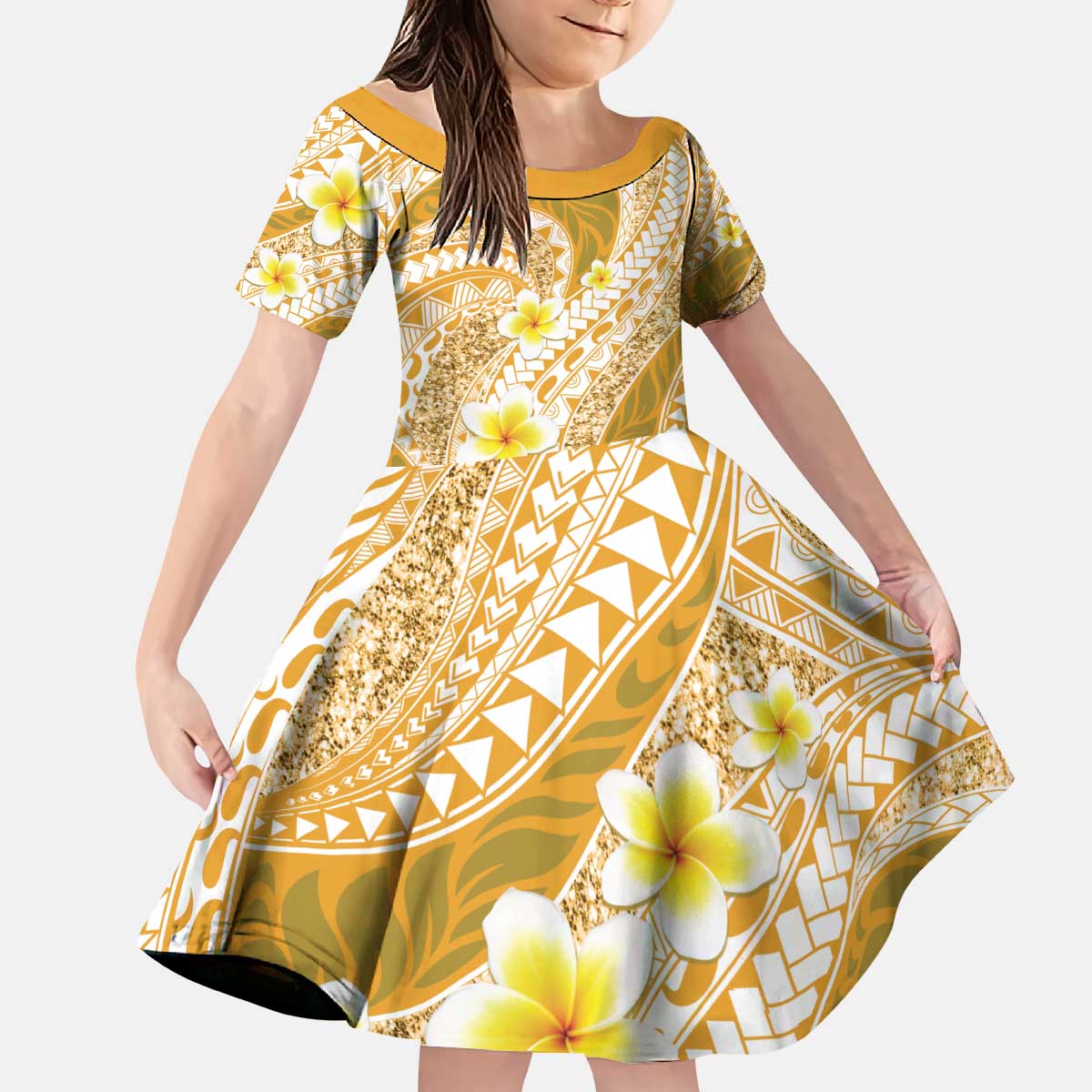 Plumeria Polynesian Gold Glitter Pattern Kid Short Sleeve Dress LT01 KID Gold - Polynesian Pride