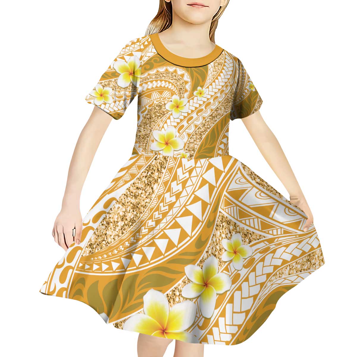 Plumeria Polynesian Gold Glitter Pattern Kid Short Sleeve Dress LT01 - Polynesian Pride