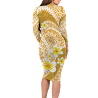 Plumeria Polynesian Gold Glitter Pattern Long Sleeve Bodycon Dress