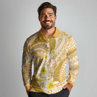 Plumeria Polynesian Gold Glitter Pattern Long Sleeve Polo Shirt