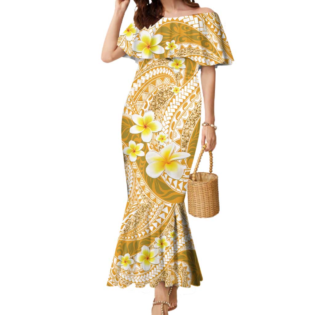 Plumeria Polynesian Gold Glitter Pattern Mermaid Dress