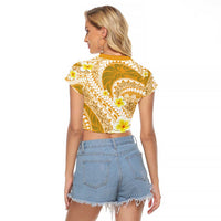 Plumeria Polynesian Gold Glitter Pattern Raglan Cropped T Shirt