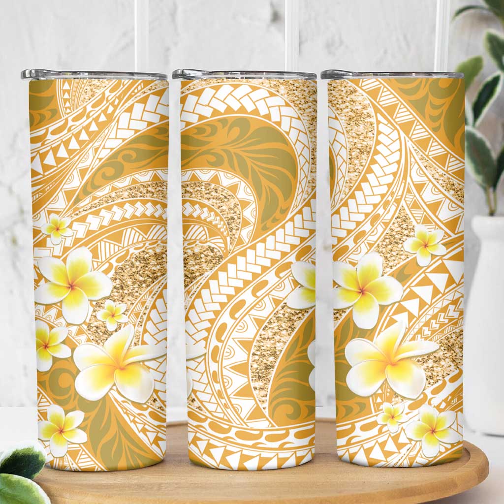 Plumeria Polynesian Gold Glitter Pattern Skinny Tumbler