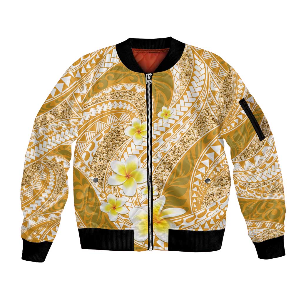 Plumeria Polynesian Gold Glitter Pattern Sleeve Zip Bomber Jacket LT01 Unisex Gold - Polynesian Pride