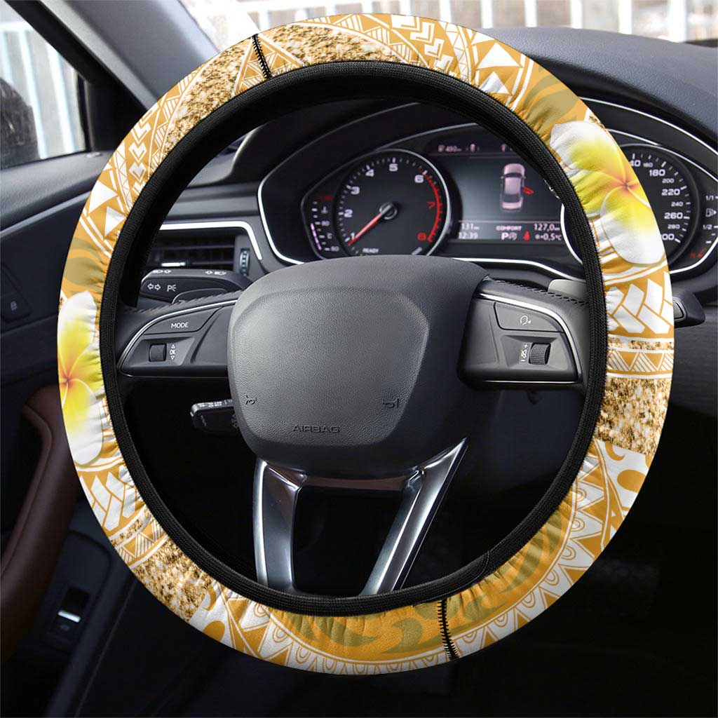 Plumeria Polynesian Gold Glitter Pattern Steering Wheel Cover