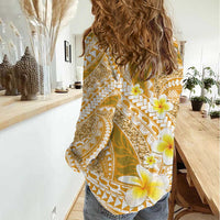 Plumeria Polynesian Gold Glitter Pattern Women Casual Shirt