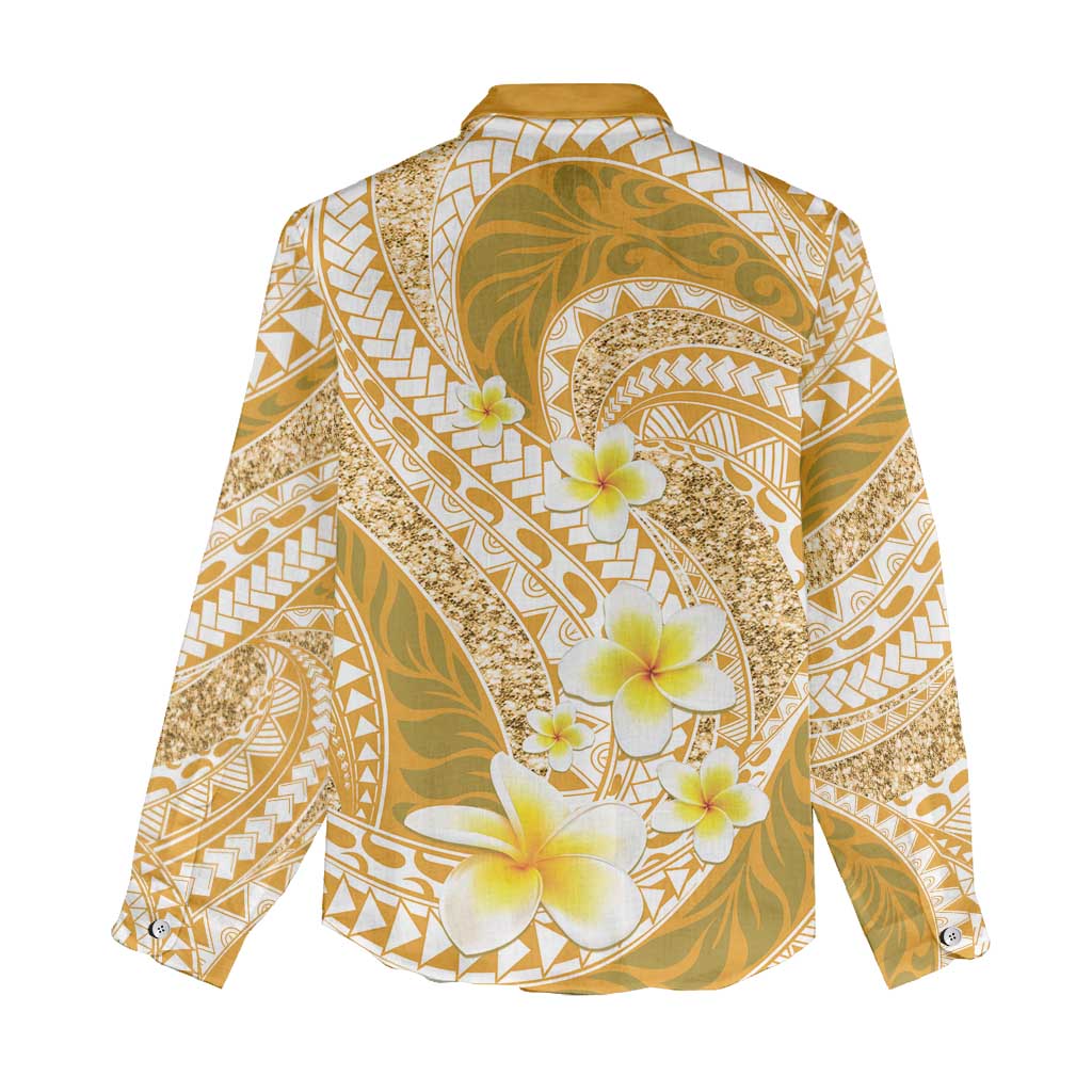 Plumeria Polynesian Gold Glitter Pattern Women Casual Shirt