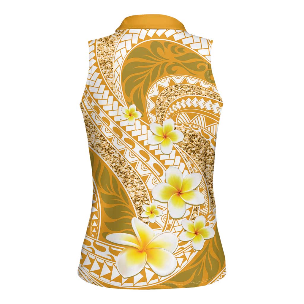 Plumeria Polynesian Gold Glitter Pattern Women Sleeveless Polo Shirt