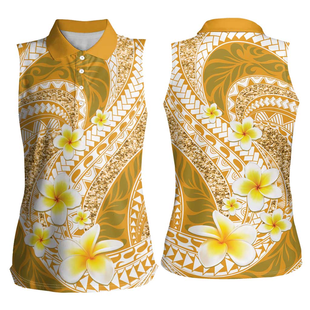 Plumeria Polynesian Gold Glitter Pattern Women Sleeveless Polo Shirt