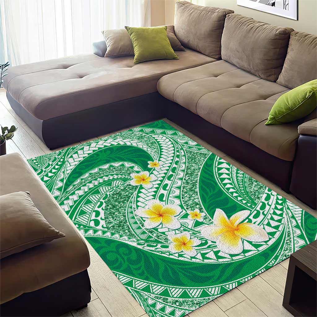 Plumeria Polynesian Green Glitter Pattern Area Rug