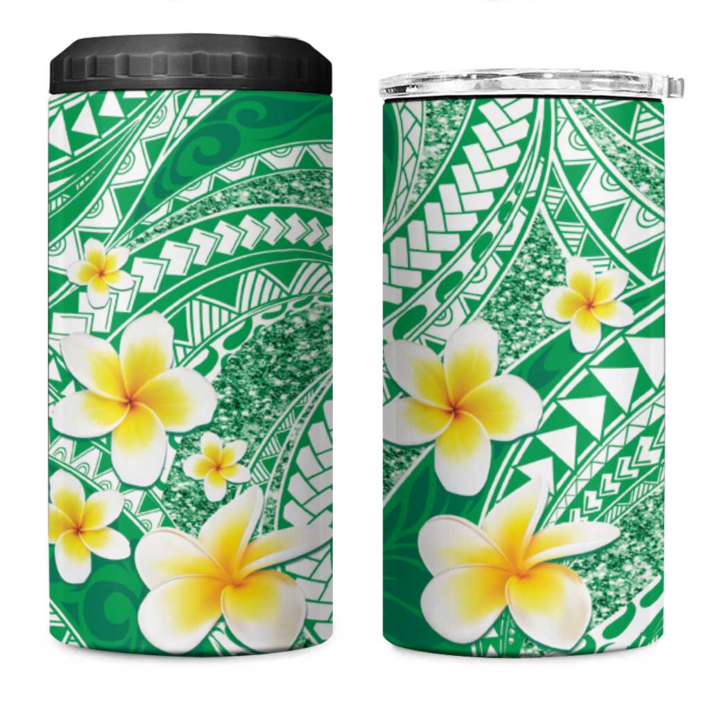 Plumeria Polynesian Green Glitter Pattern 4 in 1 Can Cooler Tumbler