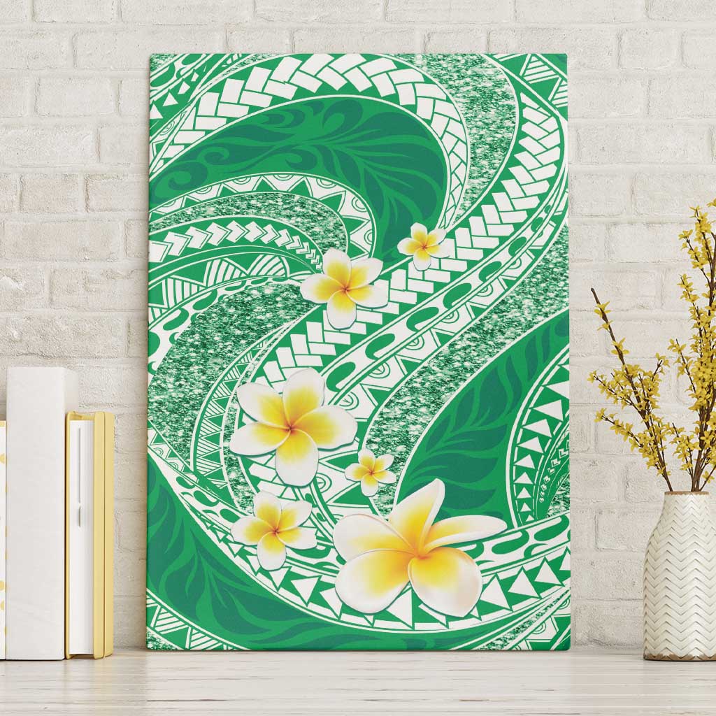 Plumeria Polynesian Green Glitter Pattern Canvas Wall Art