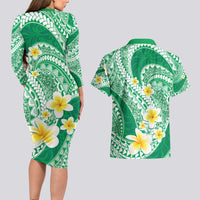 Plumeria Polynesian Green Glitter Pattern Couples Matching Long Sleeve Bodycon Dress and Hawaiian Shirt
