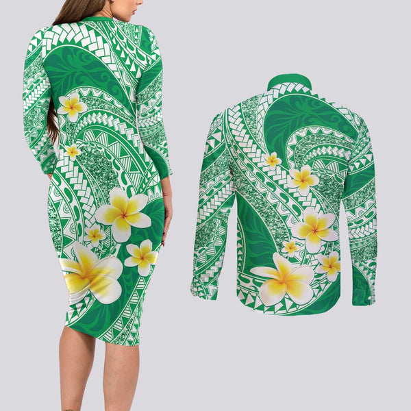 Personalised Polynesian Floral Butterfly Couples Matching Long Sleeve Bodycon Dress and Long Sleeve Button Shirts Breast Cancer Pink Ribbon LT9 main image 0