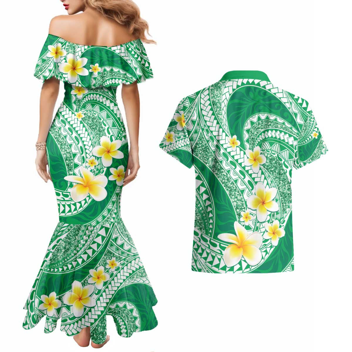Plumeria Polynesian Green Glitter Pattern Couples Matching Mermaid Dress and Hawaiian Shirt