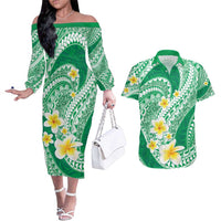Plumeria Polynesian Green Glitter Pattern Couples Matching Off The Shoulder Long Sleeve Dress and Hawaiian Shirt